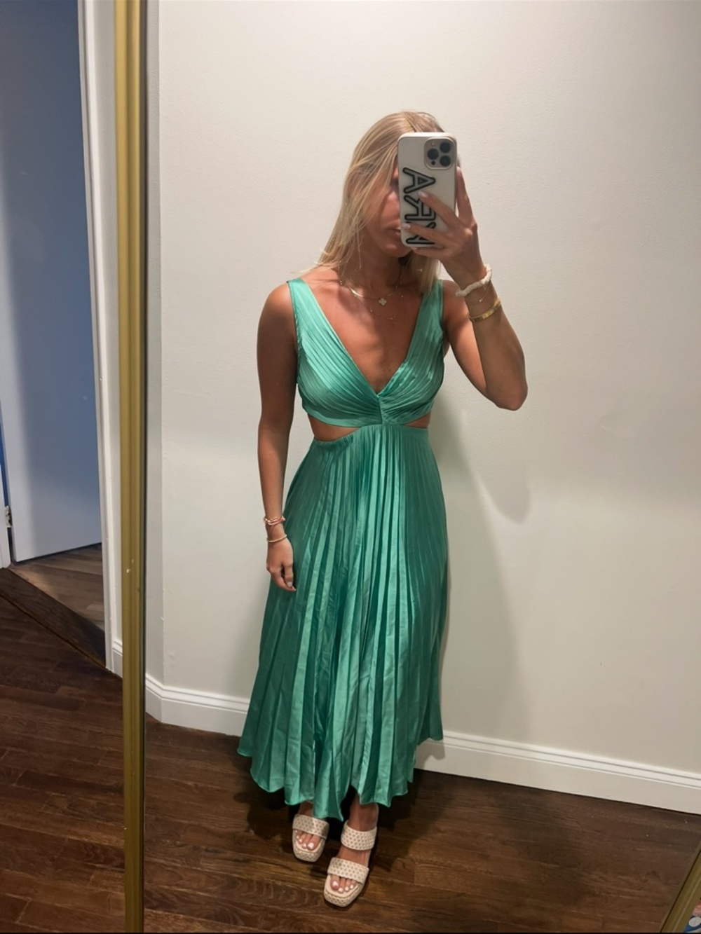 Abercrombie & Fitch Teal V-Neck Cutout Pleated Midi Dress